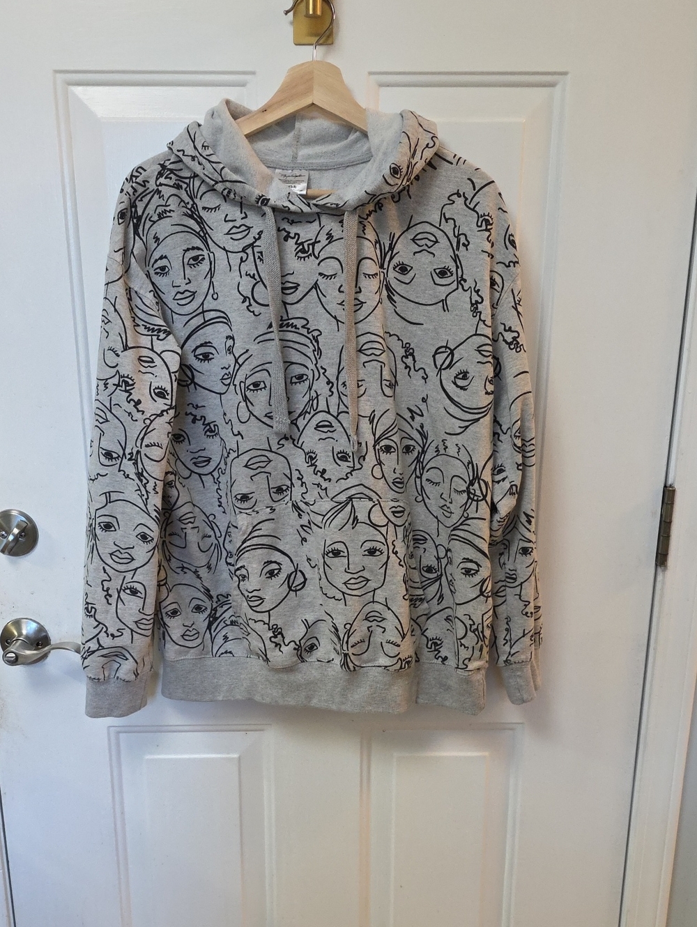 Gray Crewneck Hoodie with Black Face Line Art